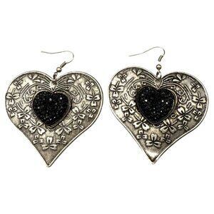 Vintage Black Marcasite Floral Heart Dangle Drop Earrings Silver Tone Ethnic
